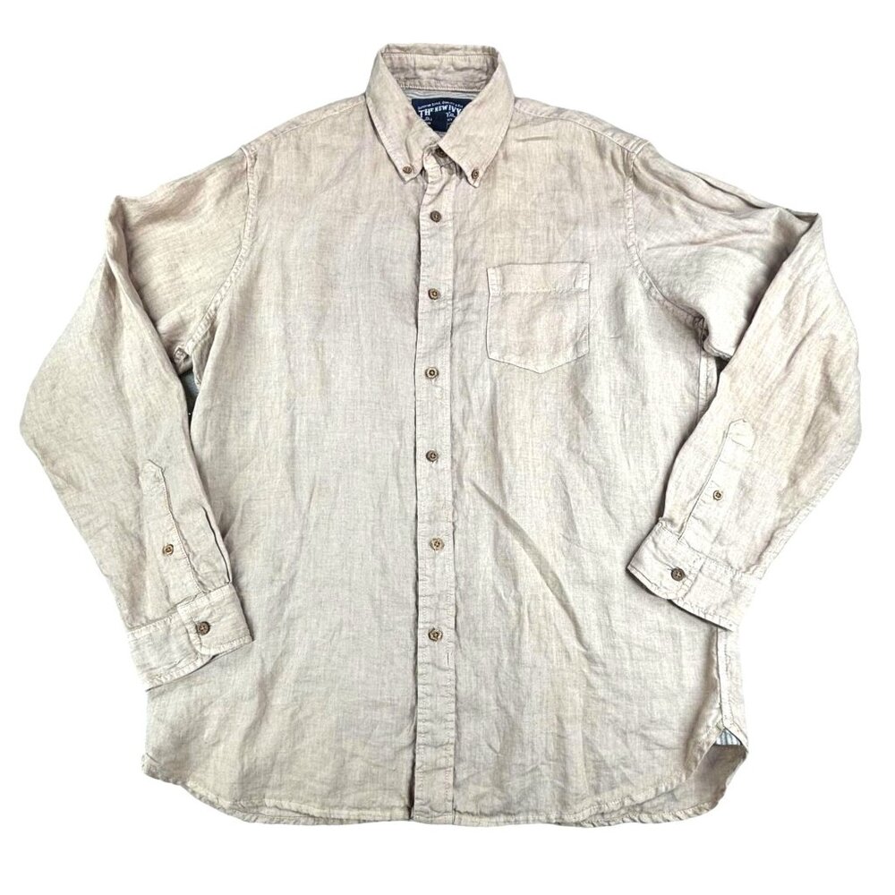 The New Ivy Brand Linen Shirt Beige Button-Up Long Sleeve Flip Cuff Preppy Money